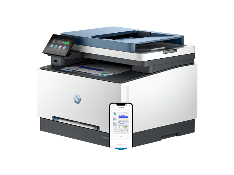 HP Color Laserjet Pro MFP 3300 Dark Surf Blue Packaging FrontLeft facing with phone