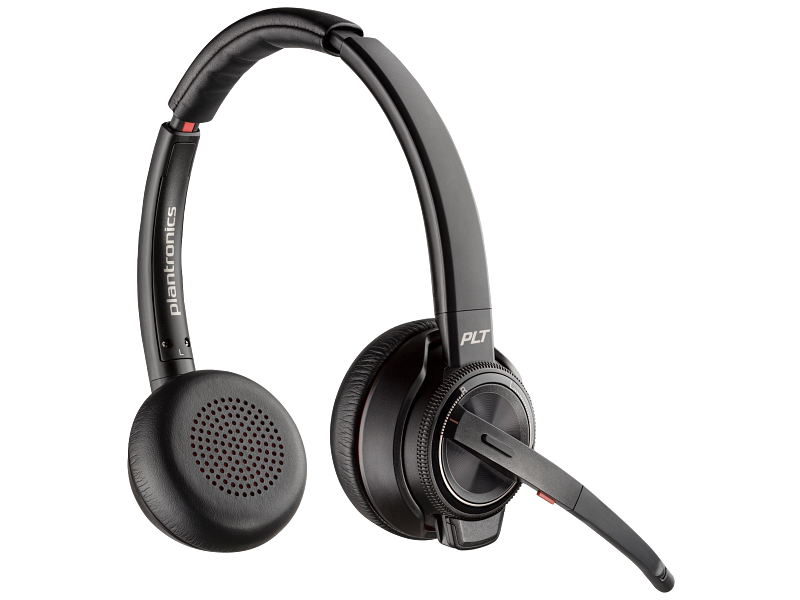 Poly Savi 8220 headset in charging stand - Left