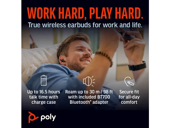 Series 7 of 8 Audio, Poly Voyager Free 60+ UC Carbon Black Earbuds +BT700 USB-C Adapter +Touchscreen Charge Case
