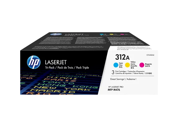 HP Laser Toner Cartridges and Kits, HP 312A 3-pack Cyan/Magenta/Yellow Original LaserJet Toner Cartridges, CF440AM