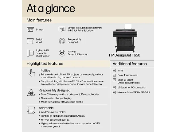 HP DesignJet Large Format Printers, HP DesignJet T650 24-in Printer 2025 Edition with 2YR Warranty, 5HB08T#B1K