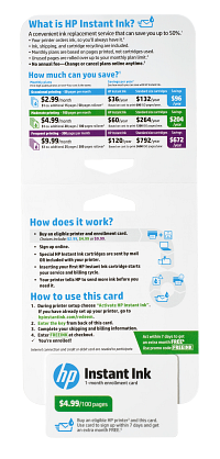 HP Instant Ink Enrollment Card - 100 page plan