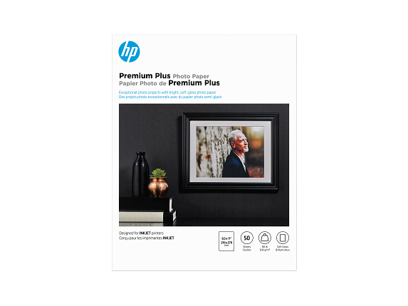 HP Premium Plus Photo Paper, Satin, 80 lb, 8.5 x 11 in. (216 x 279 mm), 50 sheets CR667A - Center
