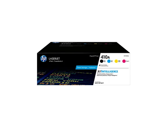 HP Laser Toner Cartridges and Kits, HP 410A 4-pack Black/Cyan/Magenta/Yellow Original LaserJet Toner Cartridges, CF410AQ