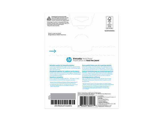 HP Everyday Photo Paper, Glossy, 52 lb, 5 x 7 in. (127 x 178 mm), 60 sheets CH097A - Rear
