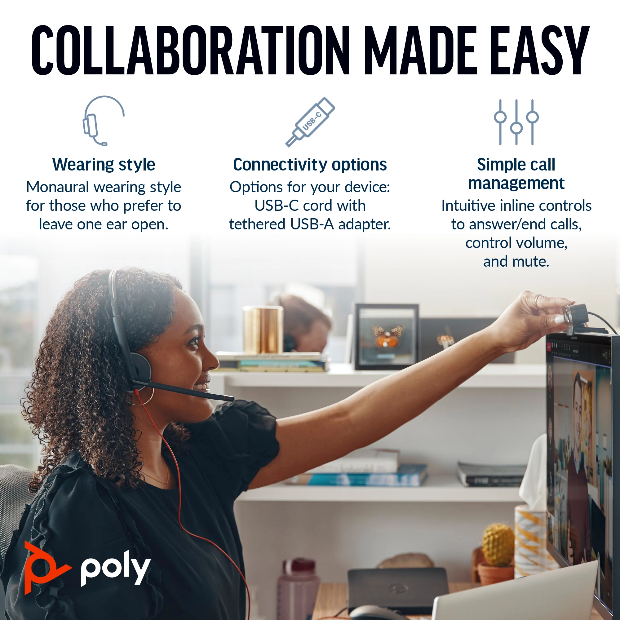 Poly Blackwire 3210 C3210 USB-C 與 USB-A 轉接器連接方式