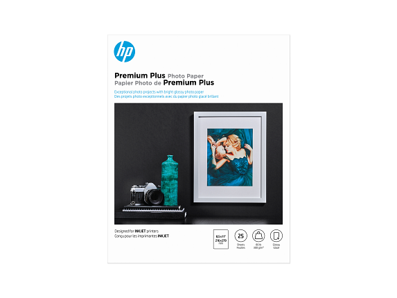 HP Premium Plus Photo Paper, Glossy, 80 lb, 8.5 x 11 in. (216 x 279 mm), 25 sheets CR670A - Center