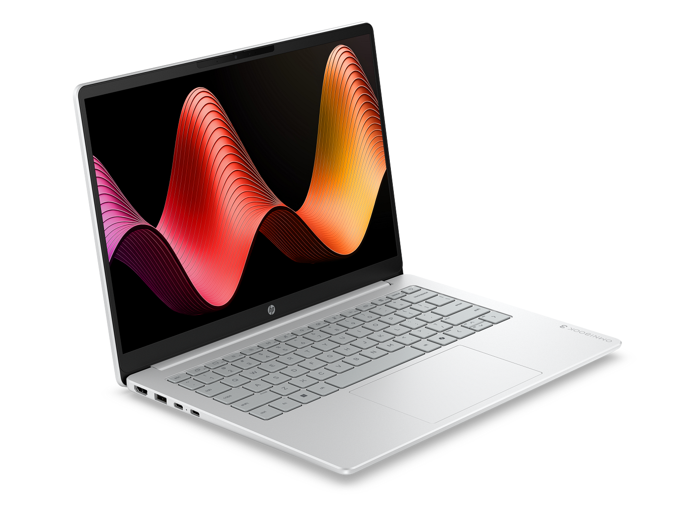 HP OmniBook 3 Glacier Silver laptop viewed at an angle from the left, showing keyboard, touchpad and side ports