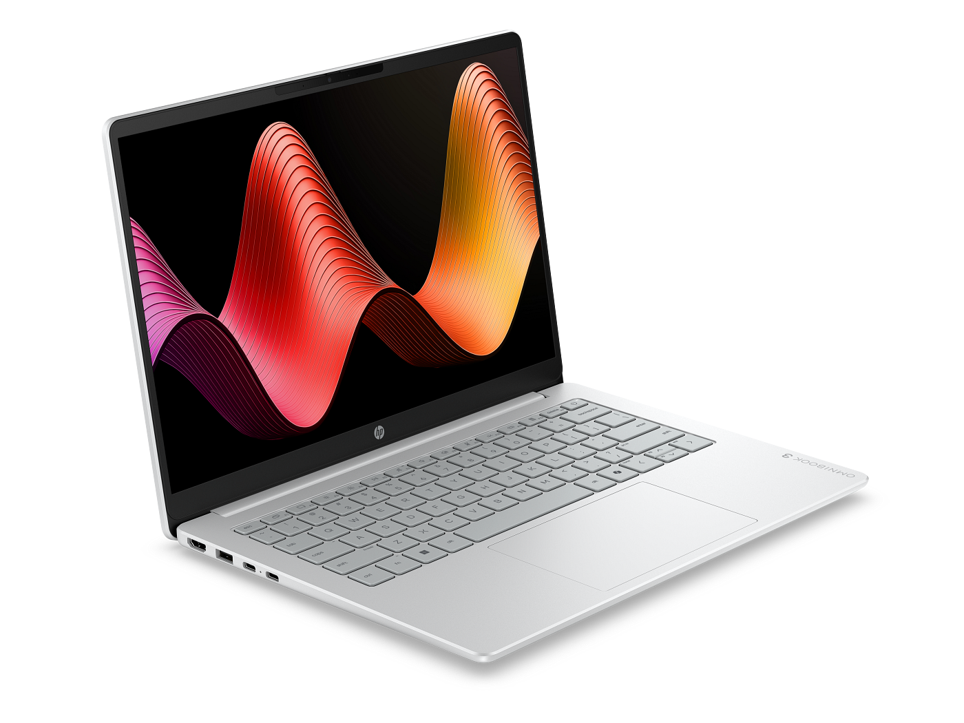 HP OmniBook 3 Glacier Silver laptop viewed at an angle from the left, showing keyboard, touchpad and side ports