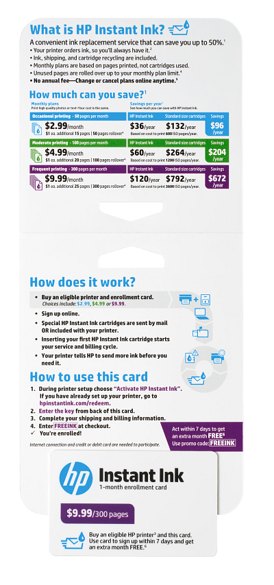 HP Instant Ink Enrollment Card - 300 page plan