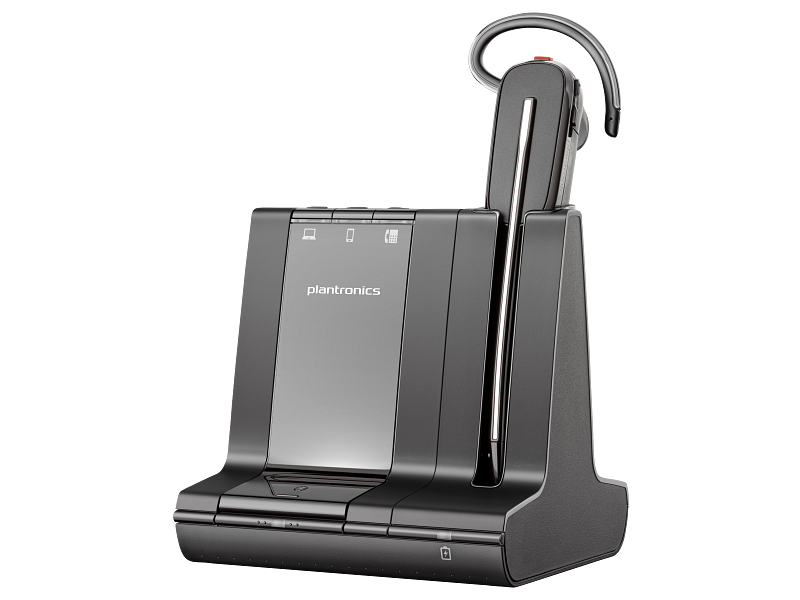 Poly Savi 8240 headset in charging stand - Left