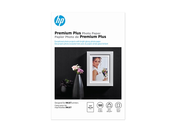 HP Premium Plus Photo Paper, Glossy, 80 lb, 4 x 6 in. (101 x 152 mm), 100 sheets CR668A - Center