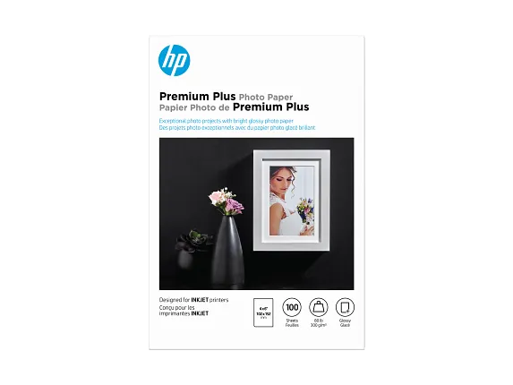 HP Premium Plus Photo Paper, Glossy, 80 lb, 4 x 6 in. (101 x 152 mm), 100 sheets CR668A