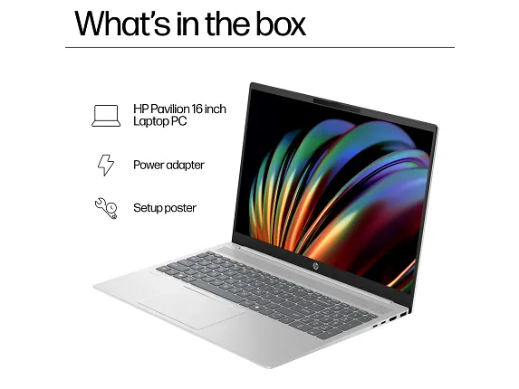 Series 13 of 16 HP Home Laptop PCs, HP Pavilion Laptop 16, Windows 11 Home, 16", Intel® Core™ Ultra 7, 16GB RAM, 512GB SSD, 2K, Natural silver