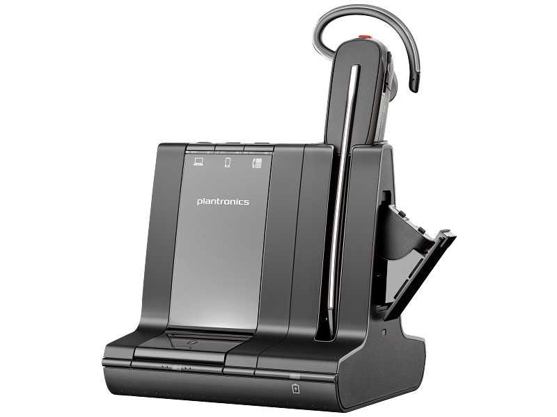 Poly Savi 8245 headset in charging stand - Left