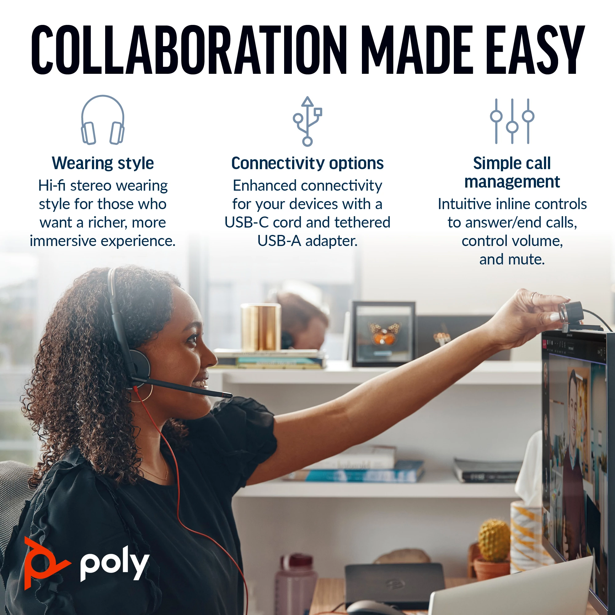 Poly Blackwire 3220 C3220 USB-C 與 USB-A 轉接器連接方式