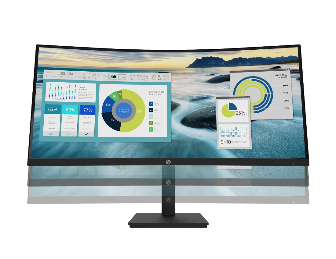 HP P34hc G4 curved monitor in a modern office workspace
