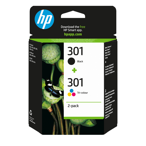HP 301 Black / Tri-Color Original Ink Cartridge 2-Pack, N9J72-80007, N9J72AE