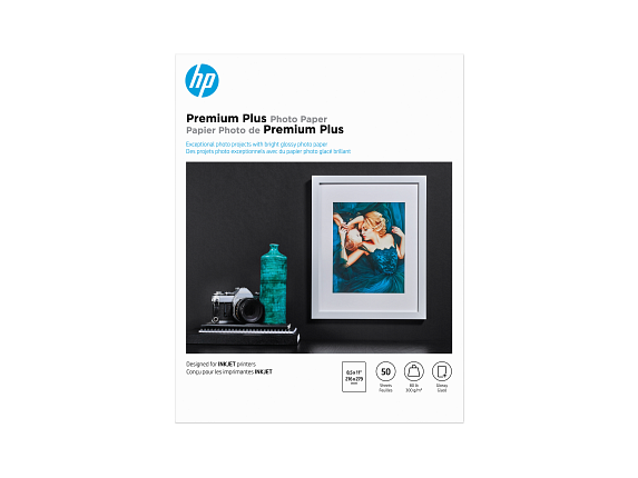 HP Premium Plus Photo Paper, Glossy, 80 lb, 8.5 x 11 in. (216 x 279 mm), 50 sheets CR664A - Center