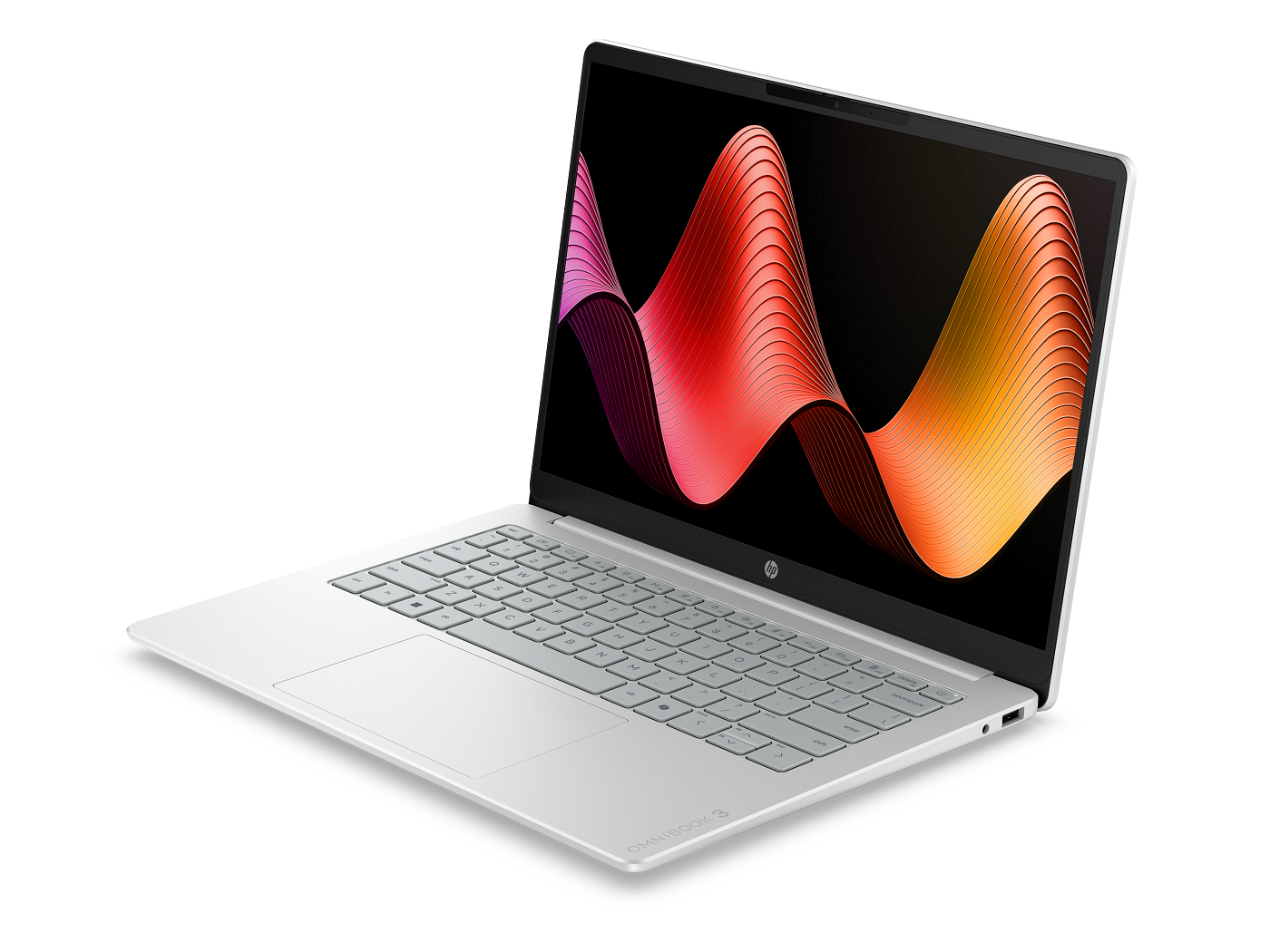 HP OmniBook 3 Glacier Silver laptop viewed at an angle from the right, showing screen, keyboard and side ports