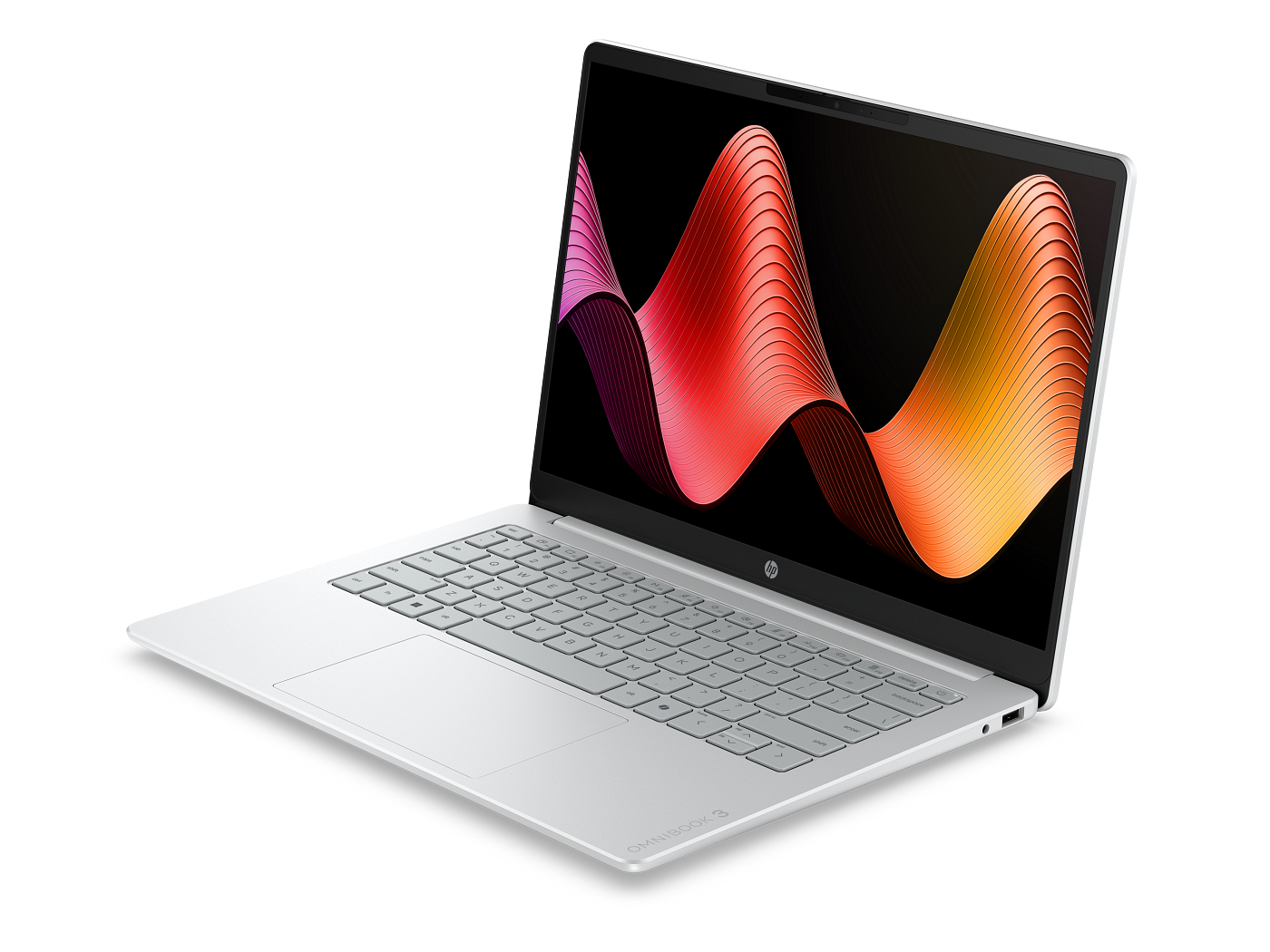 HP OmniBook 3 Glacier Silver laptop viewed at an angle from the right, showing screen, keyboard and side ports