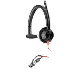 Poly Blackwire 3315 Monaural Microsoft Teams Certified USB-C Headset +3.5mm Plug +USB-C/A Adapter