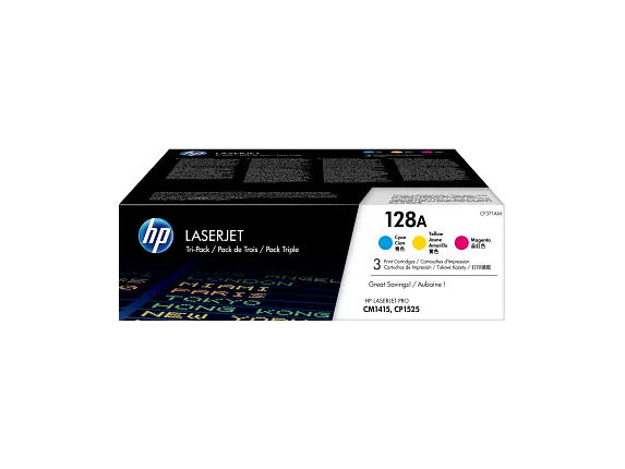 HP Laser Toner Cartridges and Kits, HP 128A 3-pack Cyan/Magenta/Yellow Original LaserJet Toner Cartridges, CF371AM