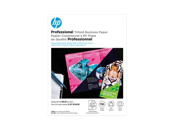 HP Business Papers, HP Professional Tri-Fold Business Paper, Glossy, 48 lb, 8.5 x 11 in. (216 x 279 mm), 150 sheets 4WN12A