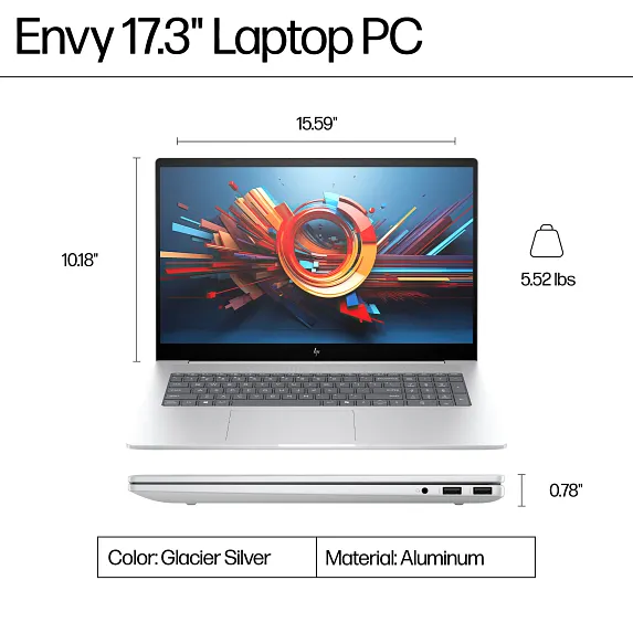 Series 10 of 16 HP Home Laptop PCs, HP Envy Laptop 17, Windows 11 Home, 17.3", Touch screen, Intel® Core™ Ultra 7, 16GB RAM, 512GB SSD, FHD, Glacier silver