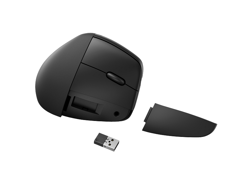 HP 925 Ergonomic Wireless Mouse ShadowBlack_Hero_Dongle_FrontRight_WhiteBG