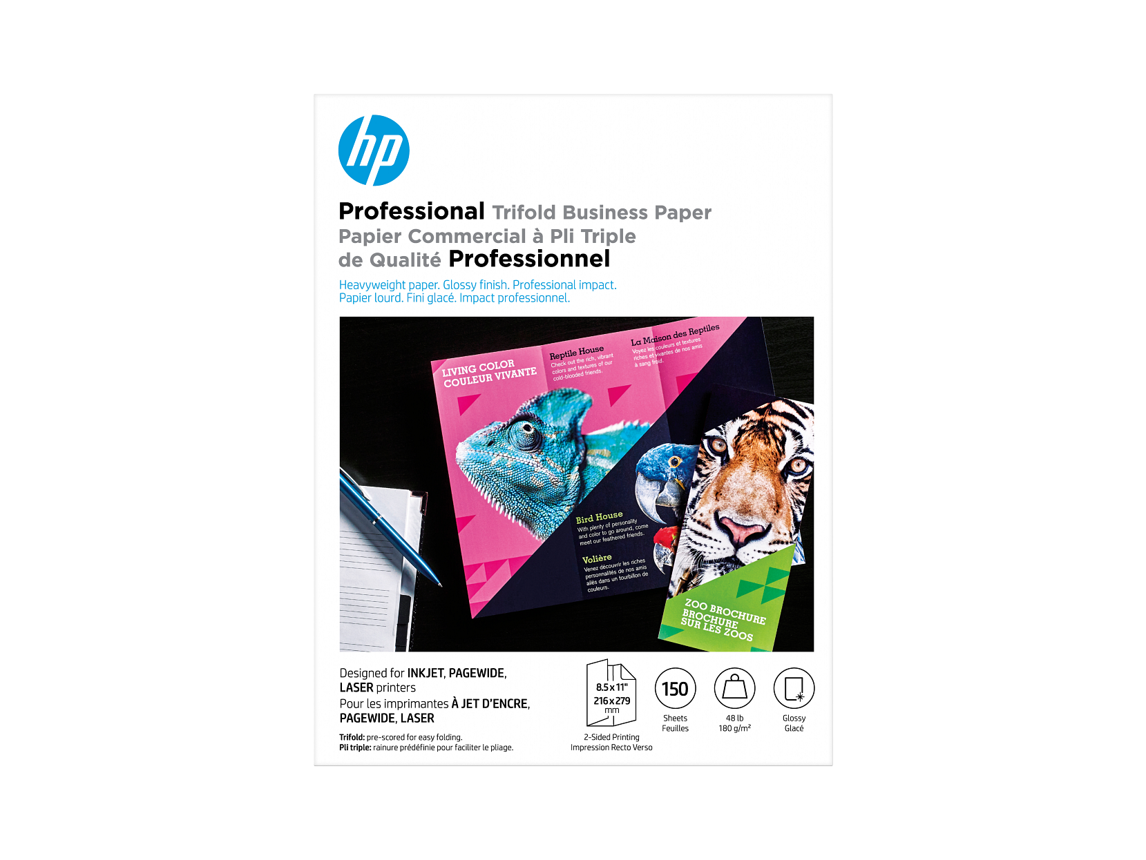 HP Professional Tri-Fold Business Paper, Glossy, 48 lb, 8.5 x 11 in. (216 x 279
