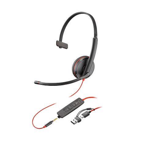 HP 8X227A6 Poly Blackwire 3215 monaurális USB-C headset + 3,5 mm-es csatlakozó + USB-C–USB-A-adapter (csomagban)
