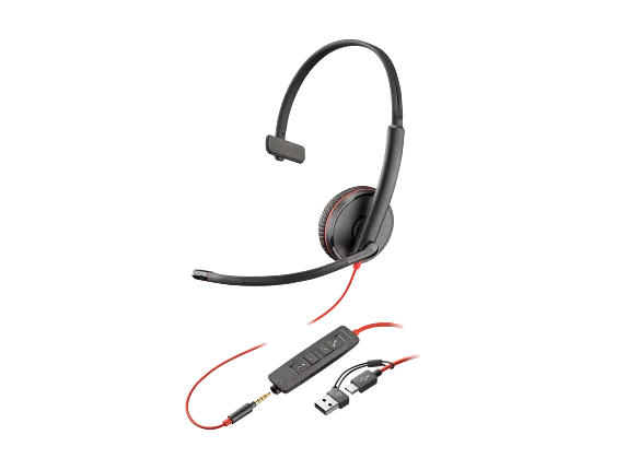 Audio, Poly Blackwire 3215 Monaural USB-C Headset +3.5mm Plug +USB-C/A Adapter
