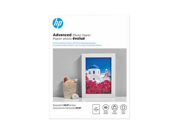 HP Advanced Photo Paper, Glossy, 65 lb, 5 x 7 in. (127 x 178 mm), 60 sheets Q8690A