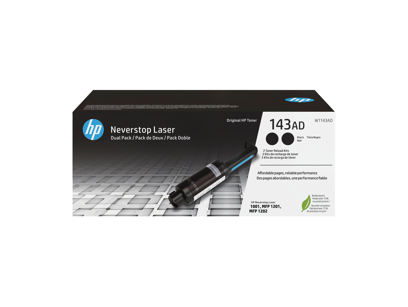 HP 143AD Dual Pack Black Original Neverstop Toner Reload Kit, ~2,500 pages, - Afbeelding 1 van 6
