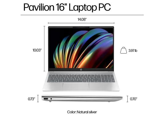Series 9 of 16 HP Home Laptop PCs, HP Pavilion Laptop 16, Windows 11 Home, 16", Intel® Core™ Ultra 7, 16GB RAM, 512GB SSD, 2K, Natural silver