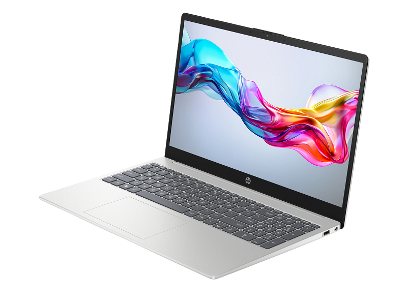 23C1 - HP 15.6 inch Laptop PC INTEL OPP FFPlus NaturalSilver NT HDcam nonFPR nonODD BackLit Premium Background CoreSet FrontLeft WhiteBG With Screen