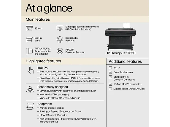 HP DesignJet Large Format Printers, HP DesignJet T650 36-in Printer 2025 Edition with 2YR Warranty, 5HB10T#B1K