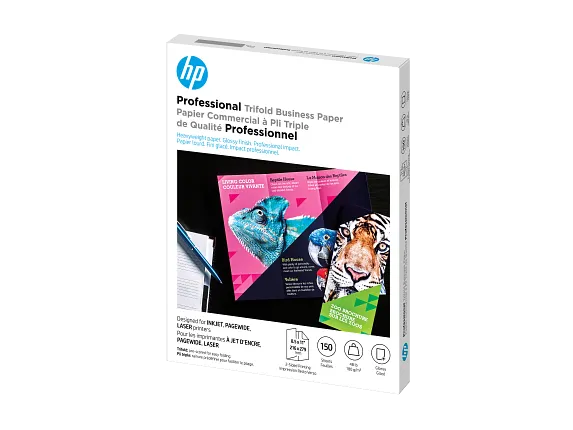 HP Professional Tri-Fold Business Paper, Glossy, 48 lb, 8.5 x 11 in. (216 x 279 mm), 150 sheets 4WN12A