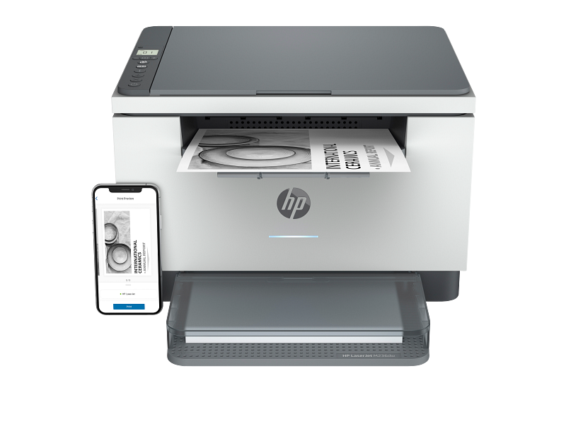 HP LaserJet MFP M236dw Light Basalt front facing with iPhone