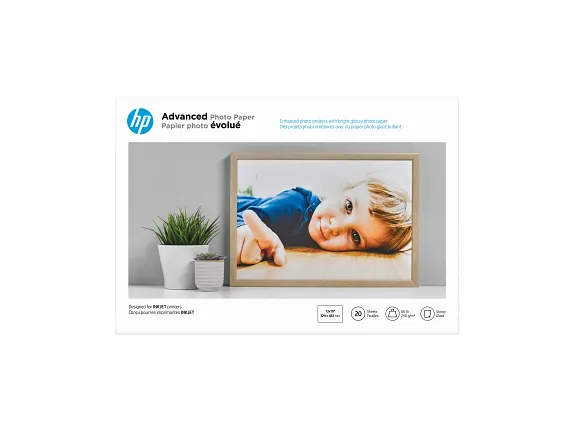 HP Photo Papers, HP Advanced Photo Paper, Glossy, 65 lb, 13 x 19 in. (329 x 483 mm), 20 sheets CR696A