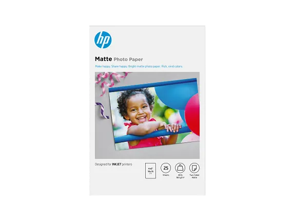 HP Matte Photo Paper, 48 lb, 4 x 6 in. (101 x 152 mm), 25 sheets 6QH46A