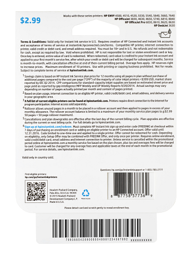 HP Instant Ink Enrollment Card - 50 page plan
