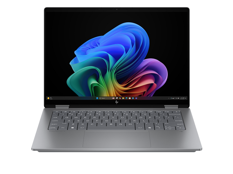 25C1 HP OmniBook X Flip 14 inch 2-in-1 Laptop Next Gen AI PC Meteor Silver T IR Cam nonSD nonFPR Copilot Taskbar Core Set Front WhiteBG
