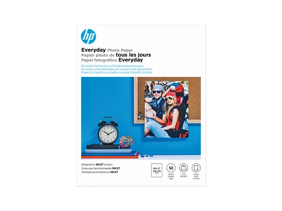 HP Photo Papers, HP Everyday Photo Paper, Glossy, 52 lb, 8.5 x 11 in. (216 x 279 mm), 50 sheets Q8723A