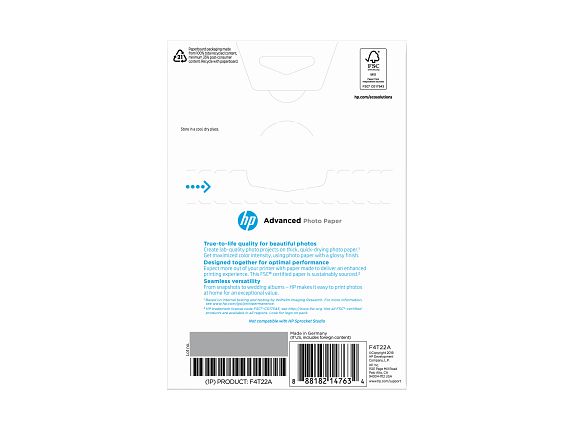 HP Advanced Photo Paper, Glossy, 65 lb, 4 x 6 in. (101 x 152 mm), 50 sheets F4T22A - Rear