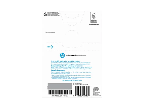 Series 4 of 12 HP Photo Papers, HP Advanced Photo Paper, Glossy, 65 lb, 4 x 6 in. (101 x 152 mm), 50 sheets F4T22A