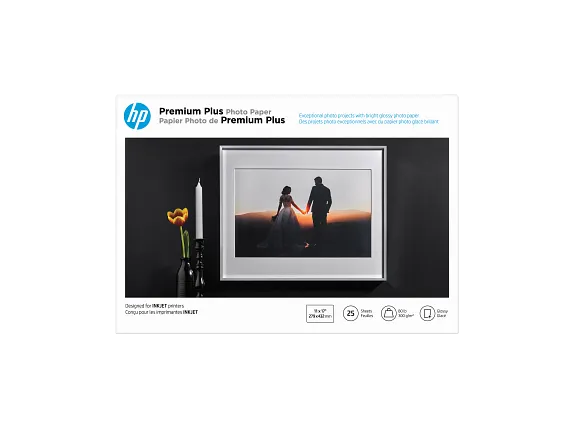 HP Premium Plus Photo Paper, Glossy, 80 lb, 11 x 17 in. (279 x 432 mm), 25 sheets CV065A