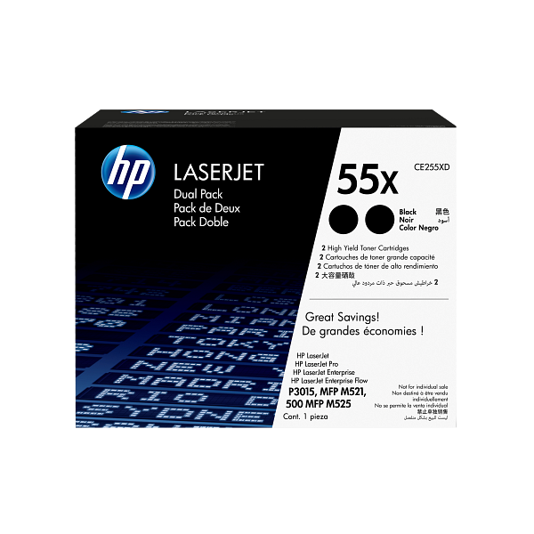 HP 55X Dual Pack Black High Yield Toner Cartridges CE255XD CE255-00905c WW