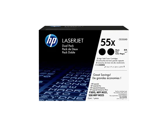 HP Laser Toner Cartridges and Kits, HP 55X 2-pack High Yield Black Original LaserJet Toner Cartridges, CE255XD